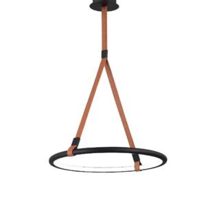 Modern 60cm Black Halo Pendant Light with Cognac Leather Suspension Belt