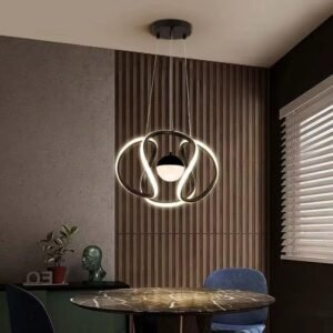 Contemporary Matte Black Intersecting Wave LED Chandelier with Opal Glass Orb