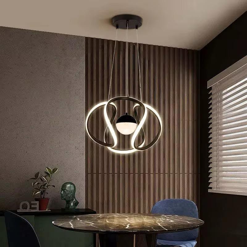 Contemporary Matte Black Intersecting Wave LED Chandelier with Opal Glass Orb