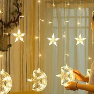 Hanging Moon & Star Window Curtain LED Lights for Ramadan, Eid, Weddings & Bedroom Decor