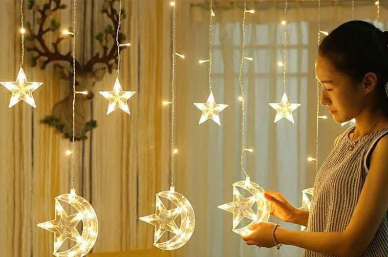 Hanging Moon & Star Window Curtain LED Lights for Ramadan, Eid, Weddings & Bedroom Decor