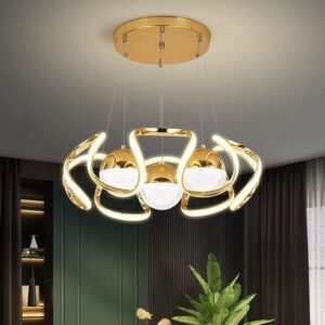 Contemporary Brushed Gold Petal Wave Chandelier with 3 Glowing Crystal Orbs